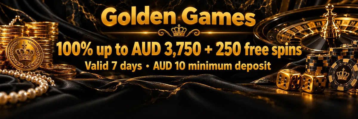 Theatrical Golden Crown casino composition with roulette wheel, coins, dice and crown emblem illuminated by warm gold flashes